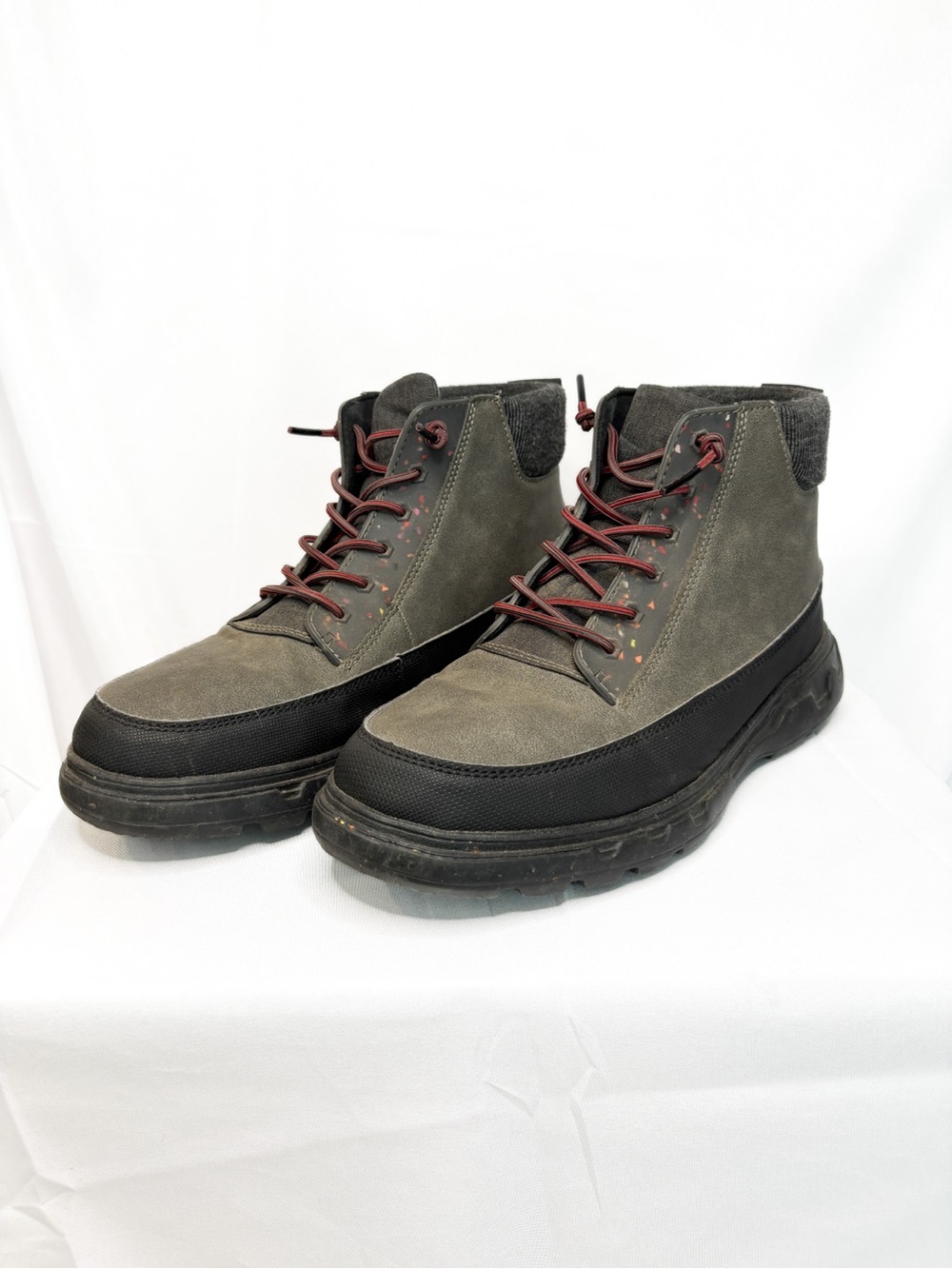Hey Dude Men's Olive Gray Boots with Black Sole and Red Laces